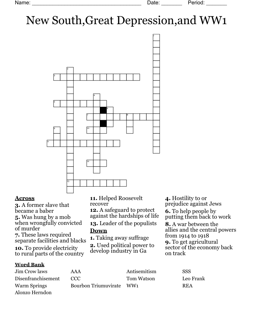 New South,Great Depression,and WW1 Crossword