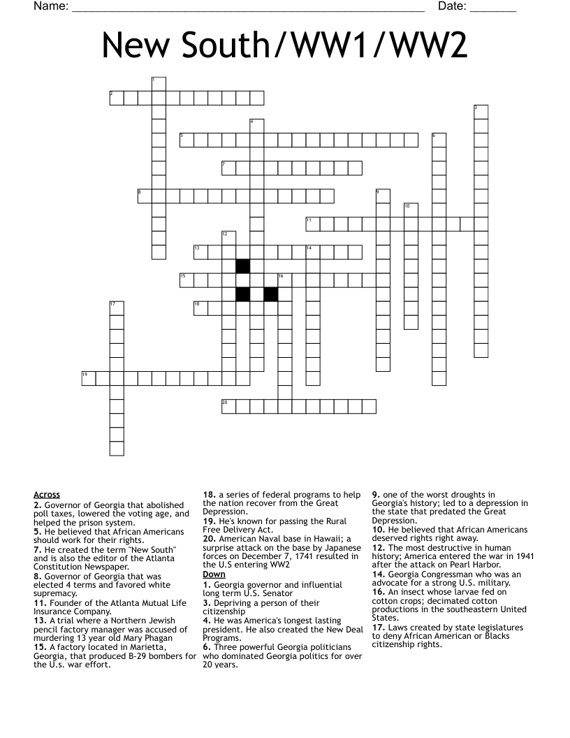 New South/WW1/WW2 Crossword