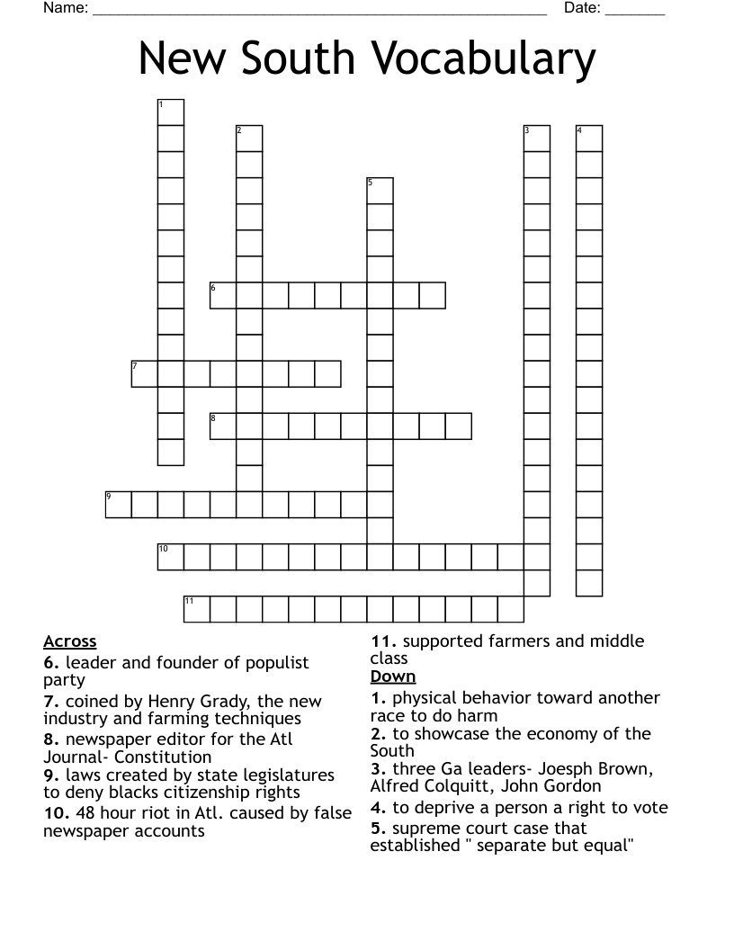 New South Vocabulary Crossword