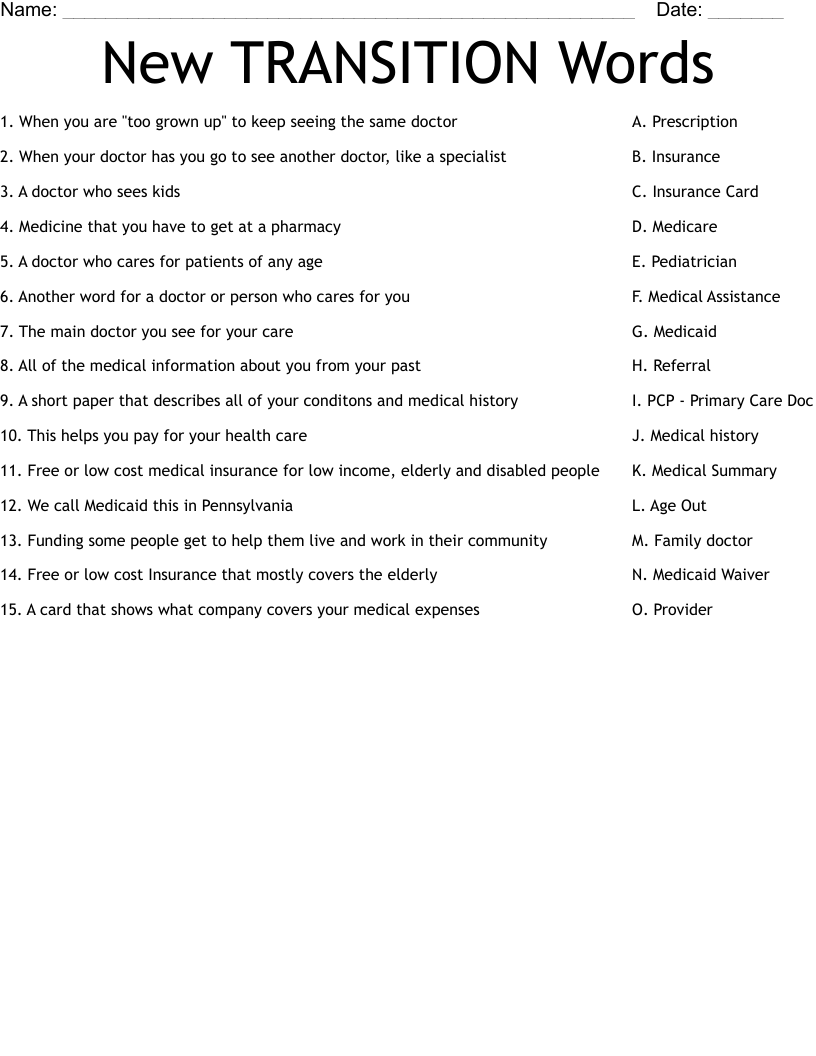 New TRANSITION Words Worksheet