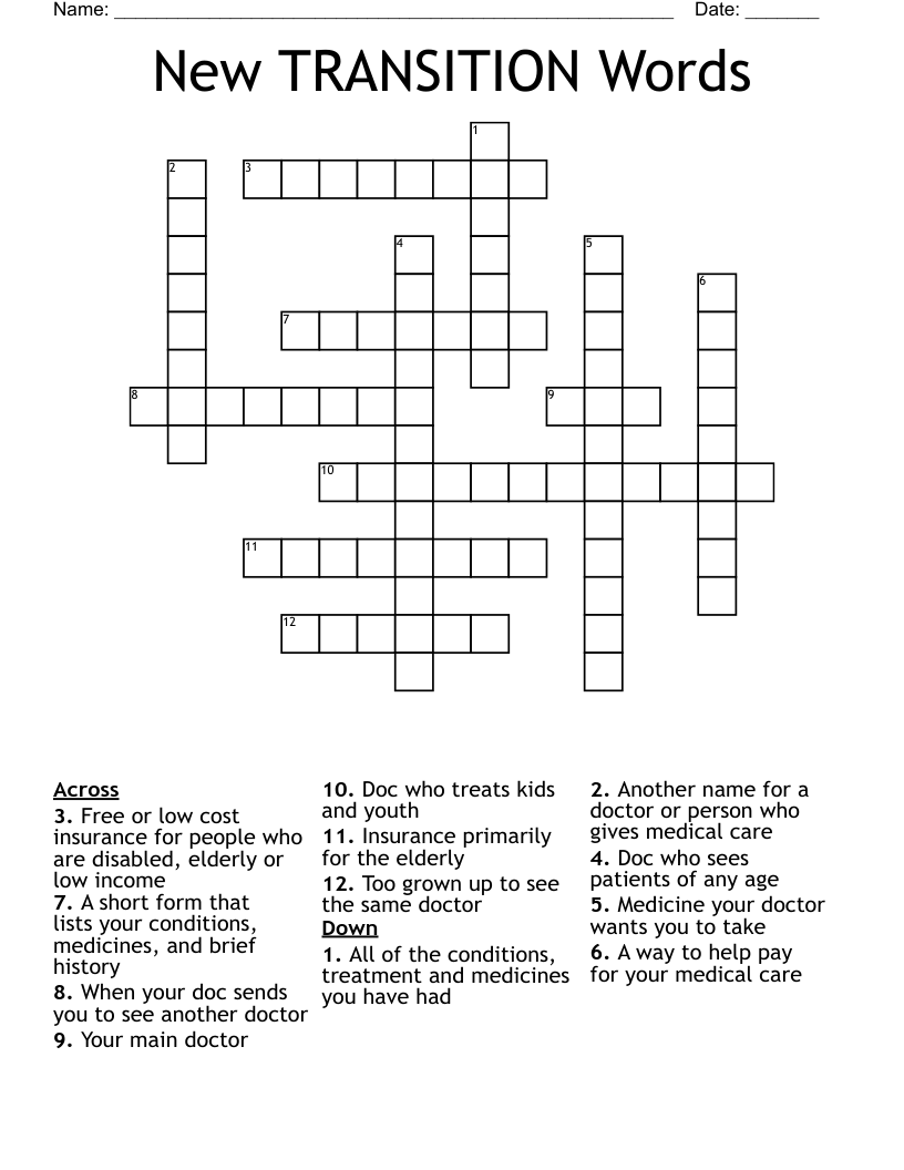 New TRANSITION Words Crossword
