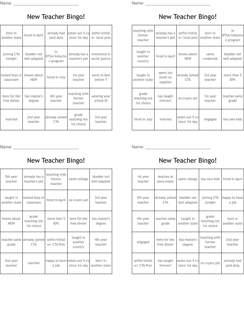 New Teacher Bingo!