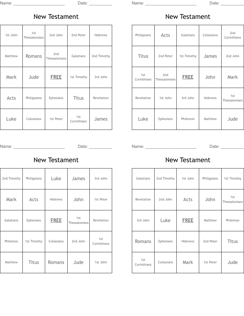 New Testament Bingo Cards