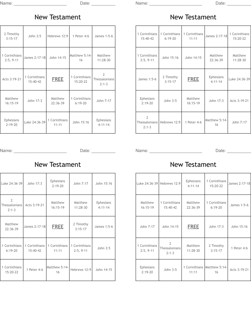 New Testament Bingo Cards