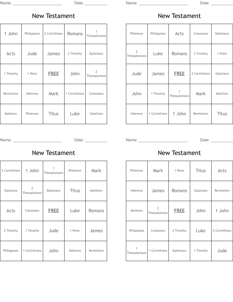 New Testament Bingo Cards