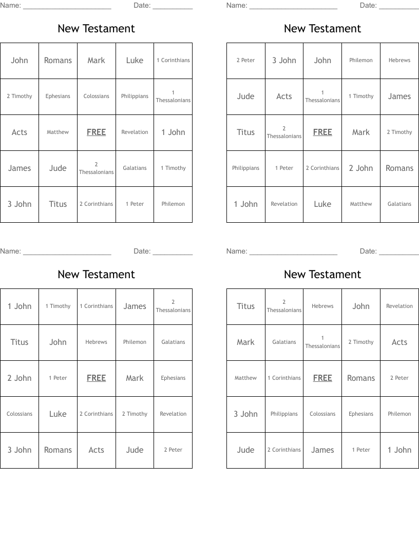 New Testament Bingo Cards