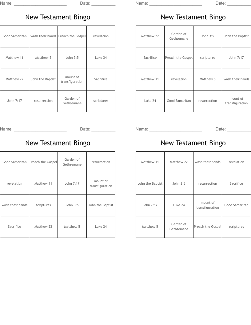 New Testament Bingo