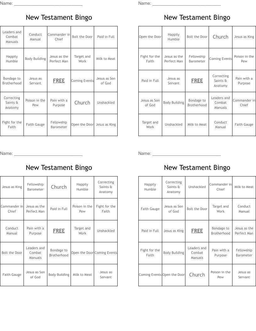 New Testament Bingo