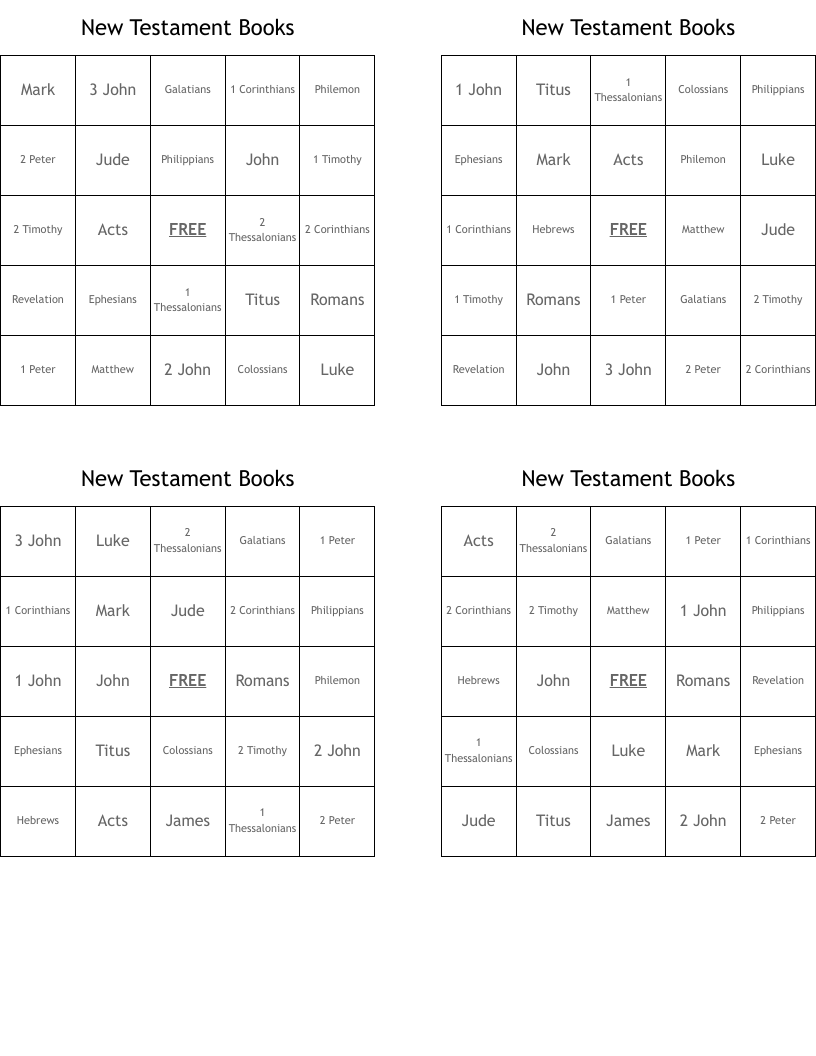 New Testament Books Bingo Cards