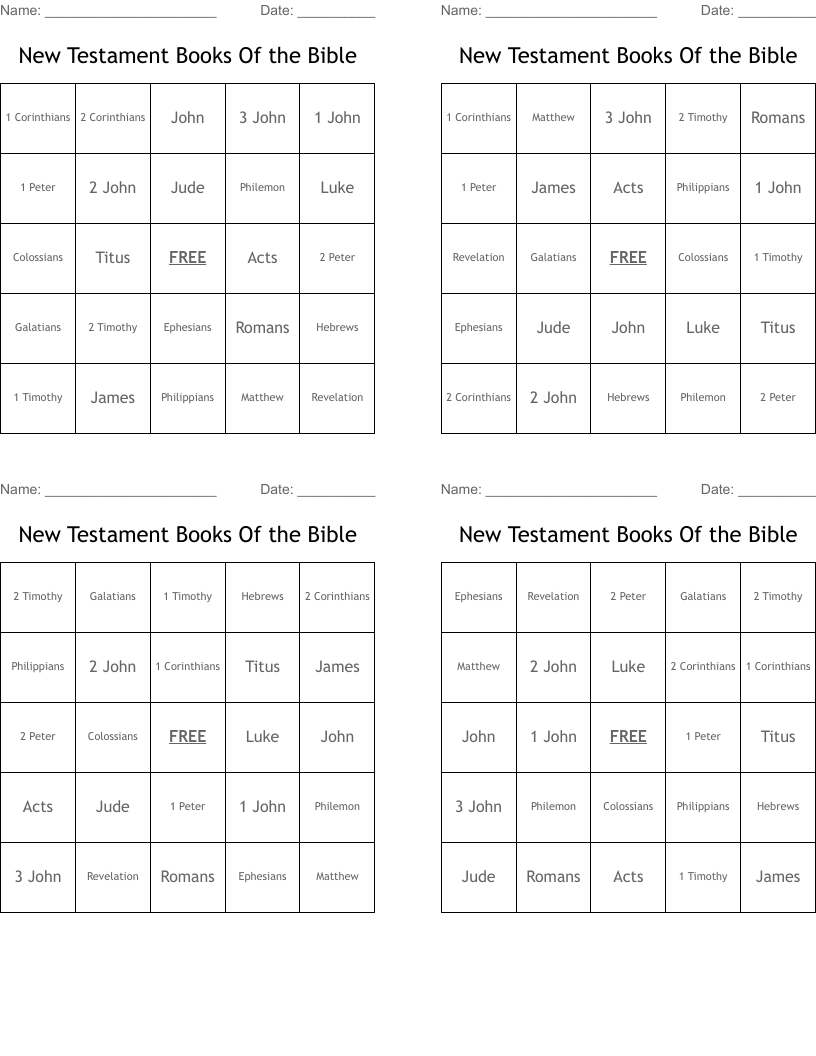 New Testament Books Of the Bible Bingo Cards