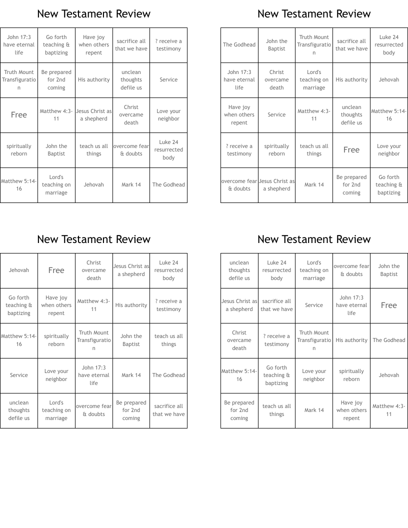 New Testament Review Bingo Cards