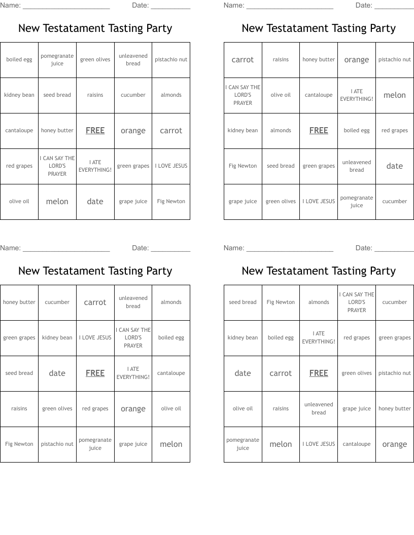New Testatament Tasting Party Bingo Cards