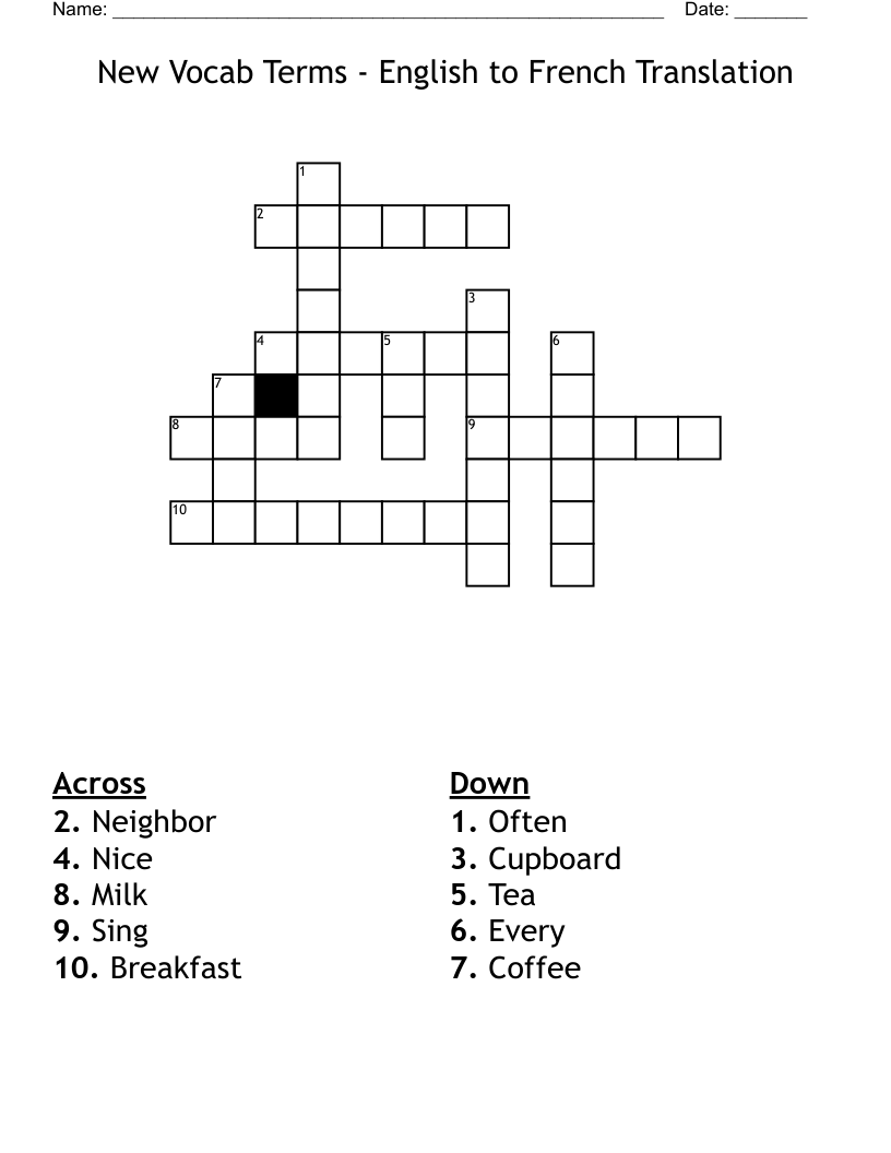 New Vocab Terms - English to French Translation  Crossword