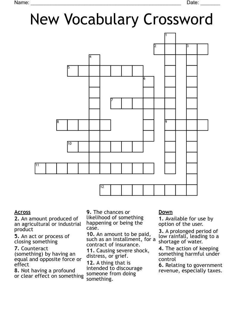 New Vocabulary Crossword