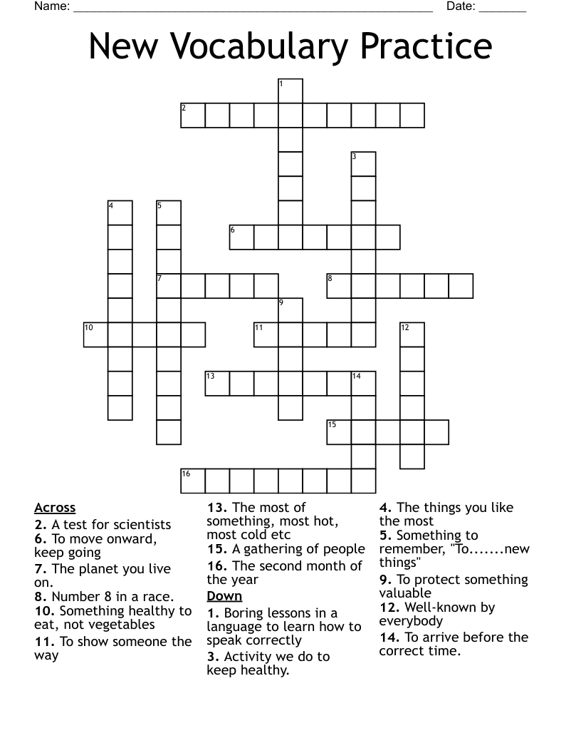New Vocabulary Practice Crossword