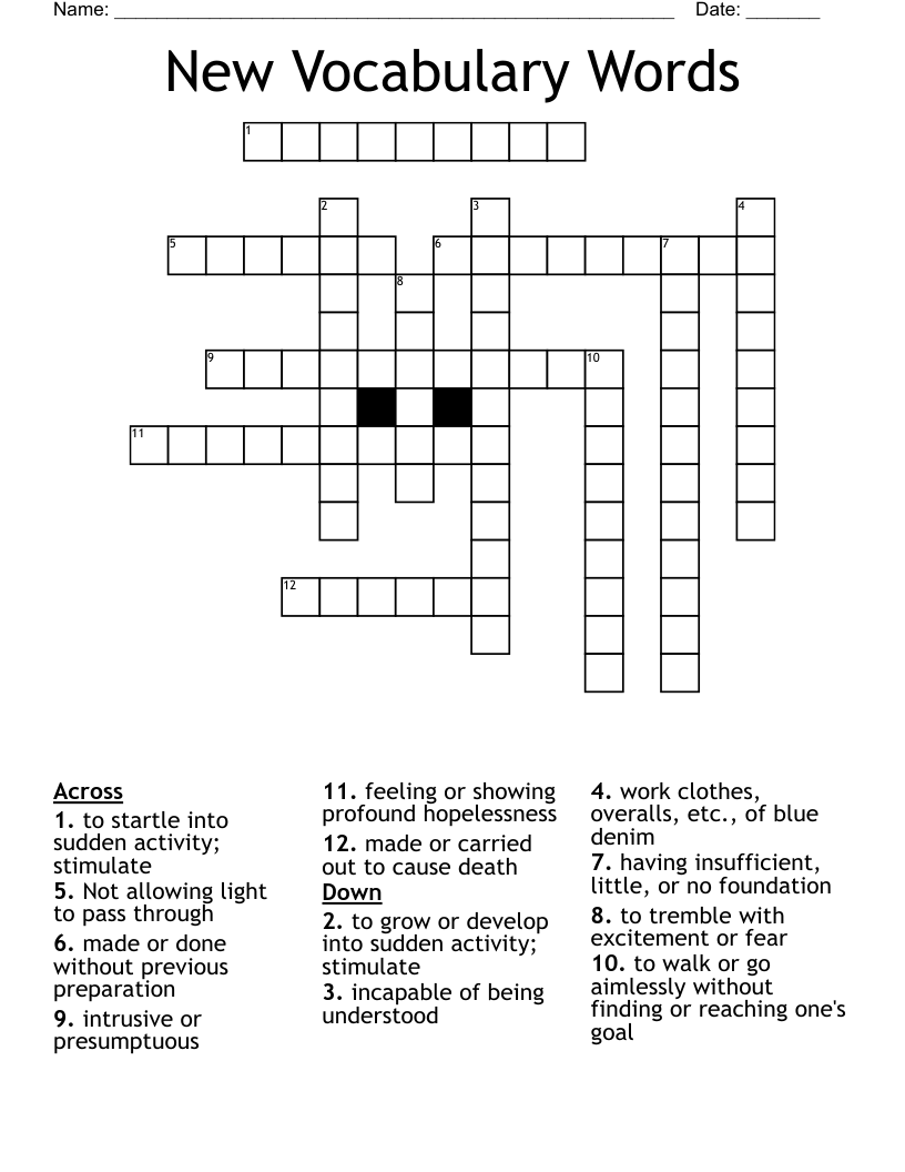 New Vocabulary Words Crossword