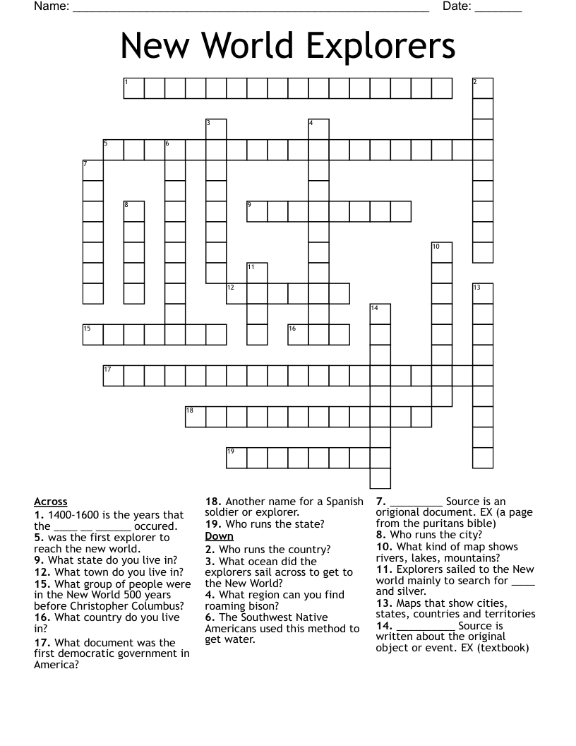 New World Explorers Crossword