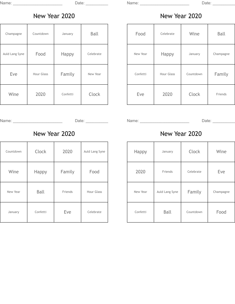 New Year 2020 Bingo Cards