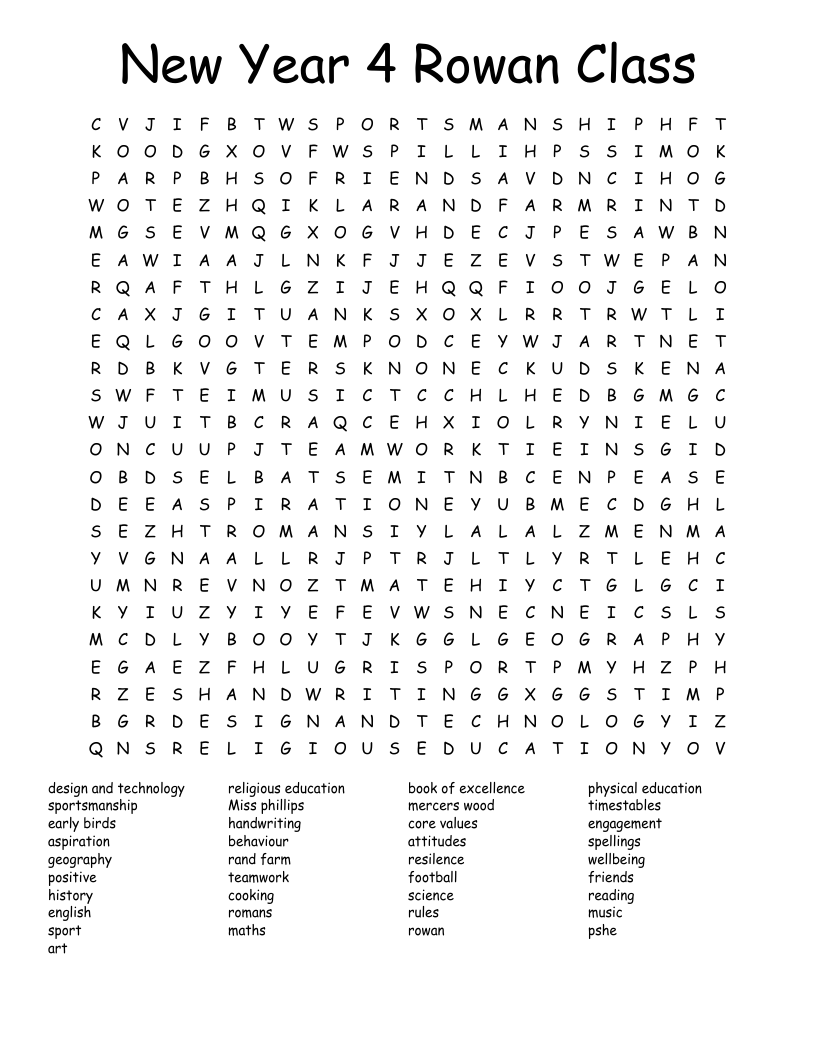 New Year 4 Rowan Class Word Search