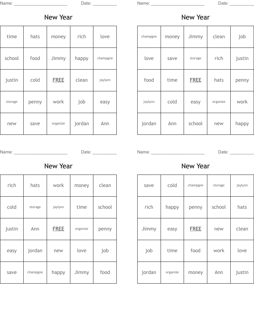 New Year Bingo Cards