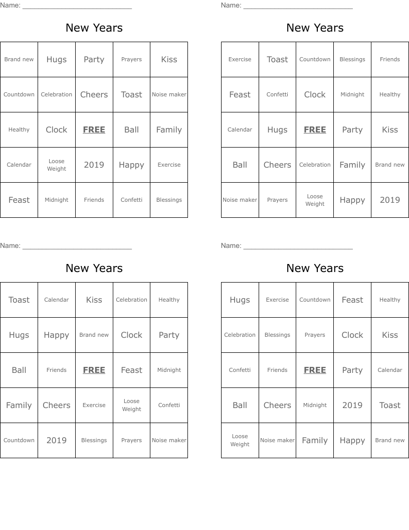 New Years Bingo Cards