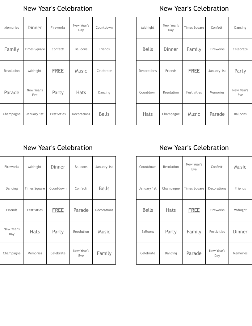 New Year's Celebration Bingo Cards