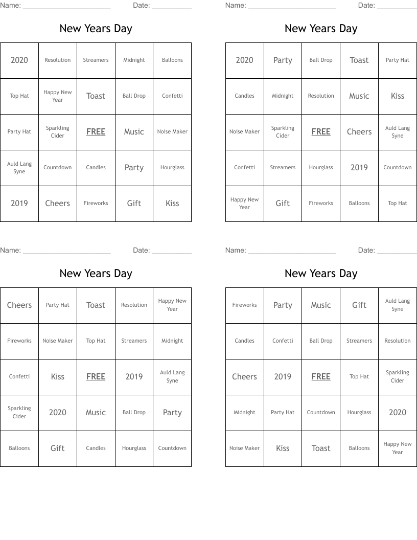 New Years Day Bingo Cards
