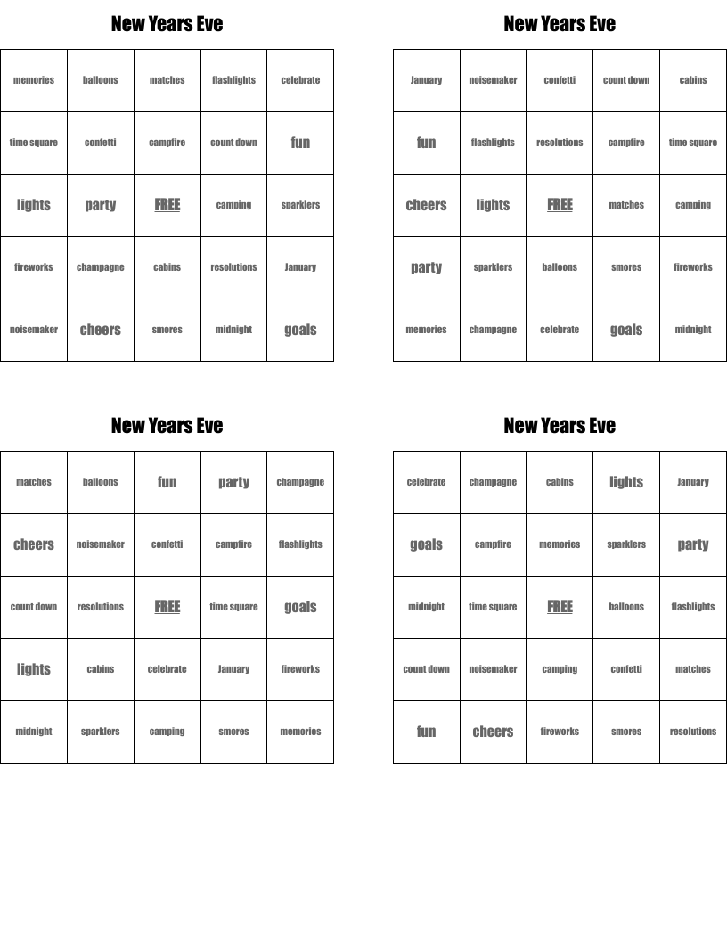 New Years Eve Bingo Cards