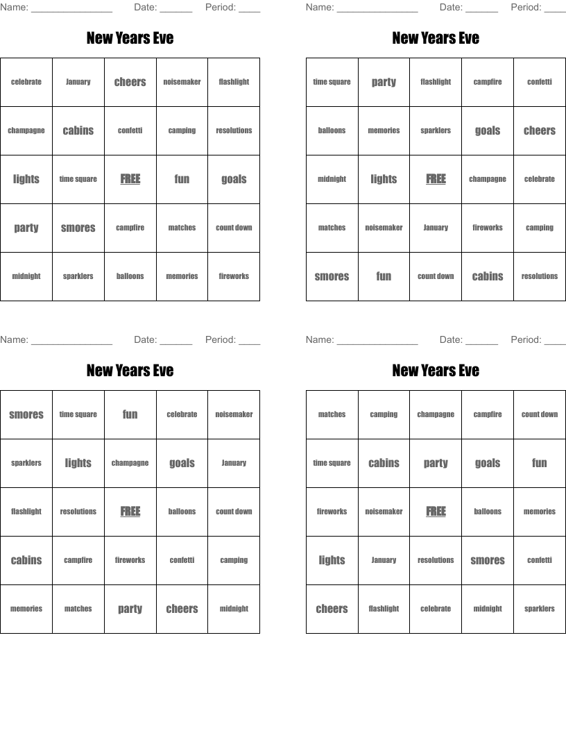 New Years Eve Bingo Cards