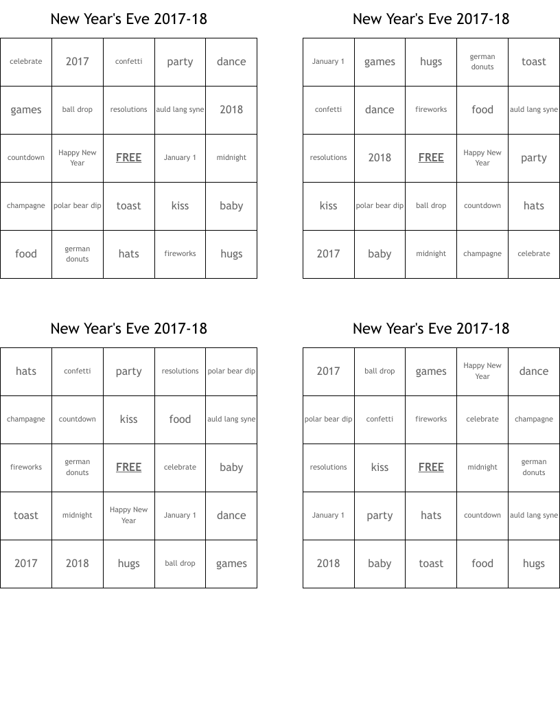 New Year's Eve 2017-18 Bingo Cards