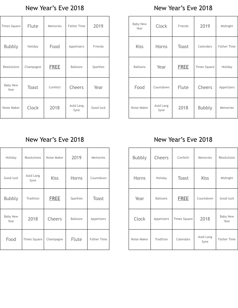 New Year’s Eve 2018 Bingo Cards