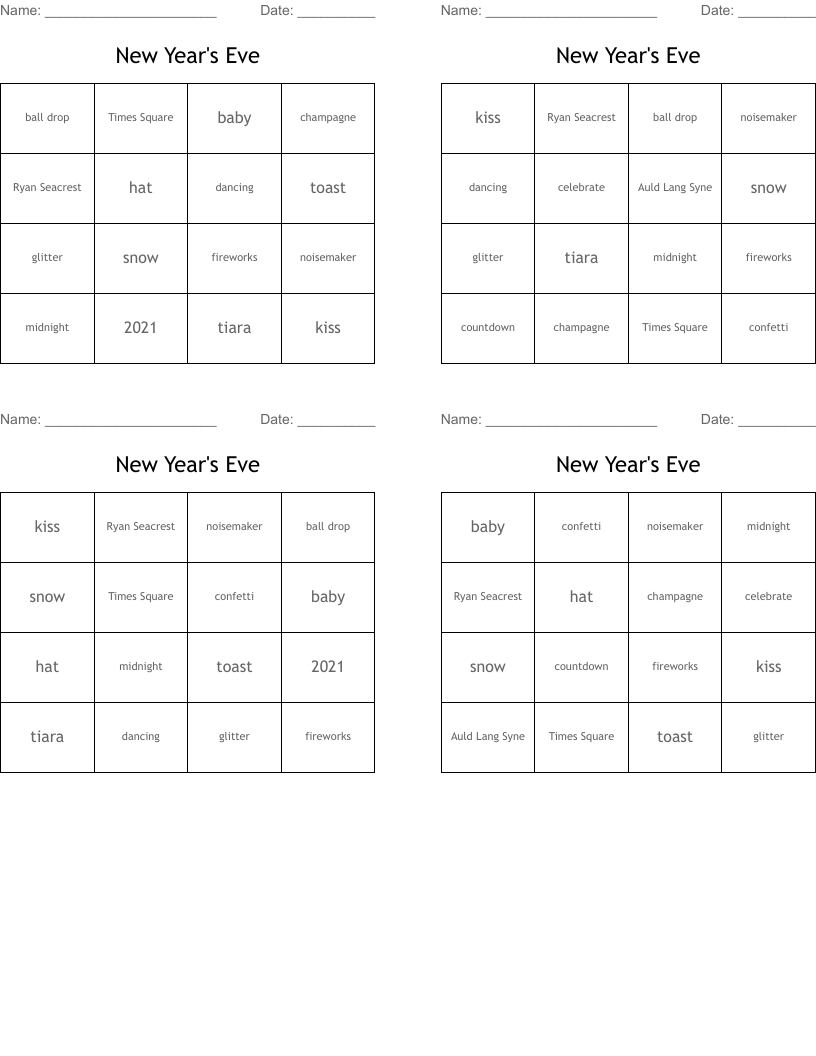 New Year's Eve Bingo Cards