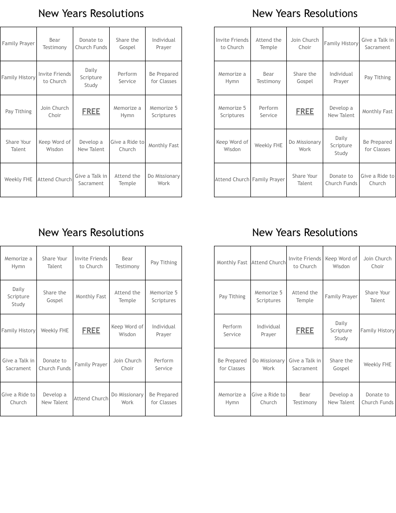 New Years Resolutions Bingo Cards