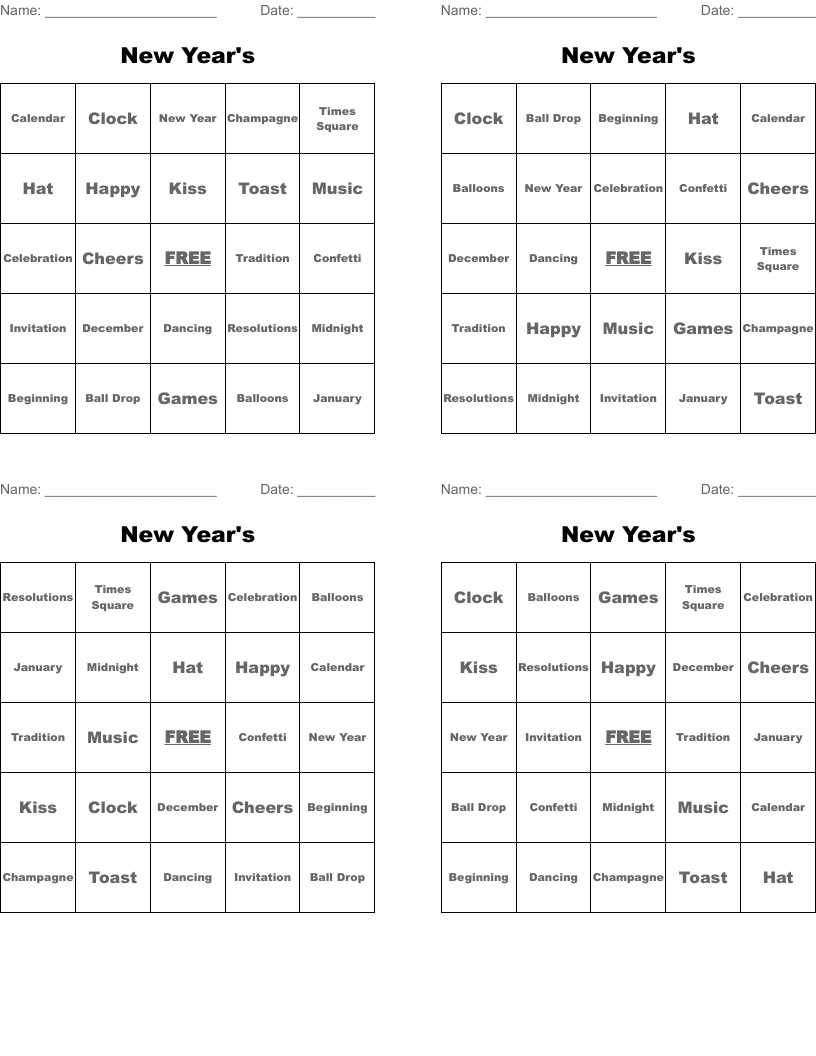 New Year's  Bingo Cards
