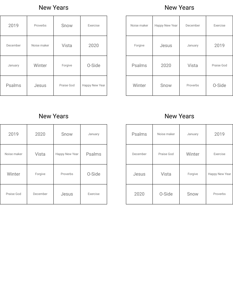 New Years  Bingo Cards