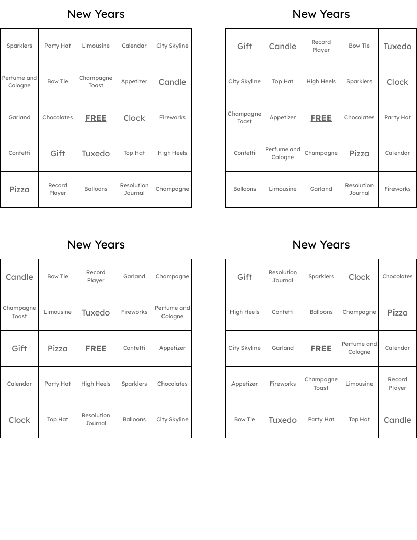 New Years  Bingo Cards