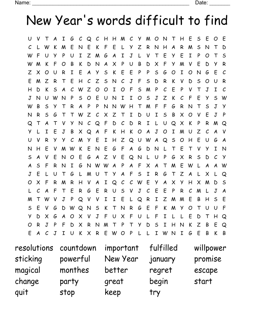 New Year's words difficult to find Word Search