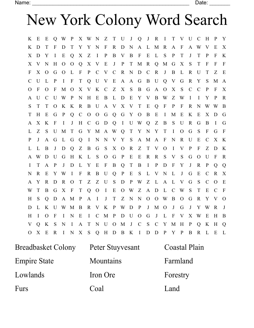 New York Colony Word Search