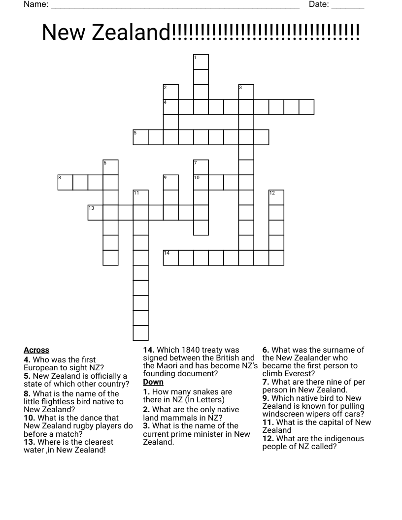 New Zealand!!!!!!!!!!!!!!!!!!!!!!!!!!!!!!!!! Crossword