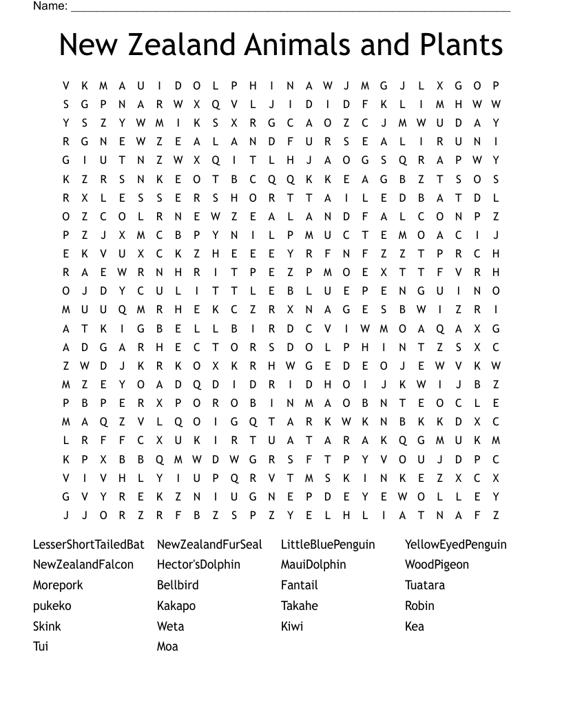 New Zealand Animals and Plants Word Search