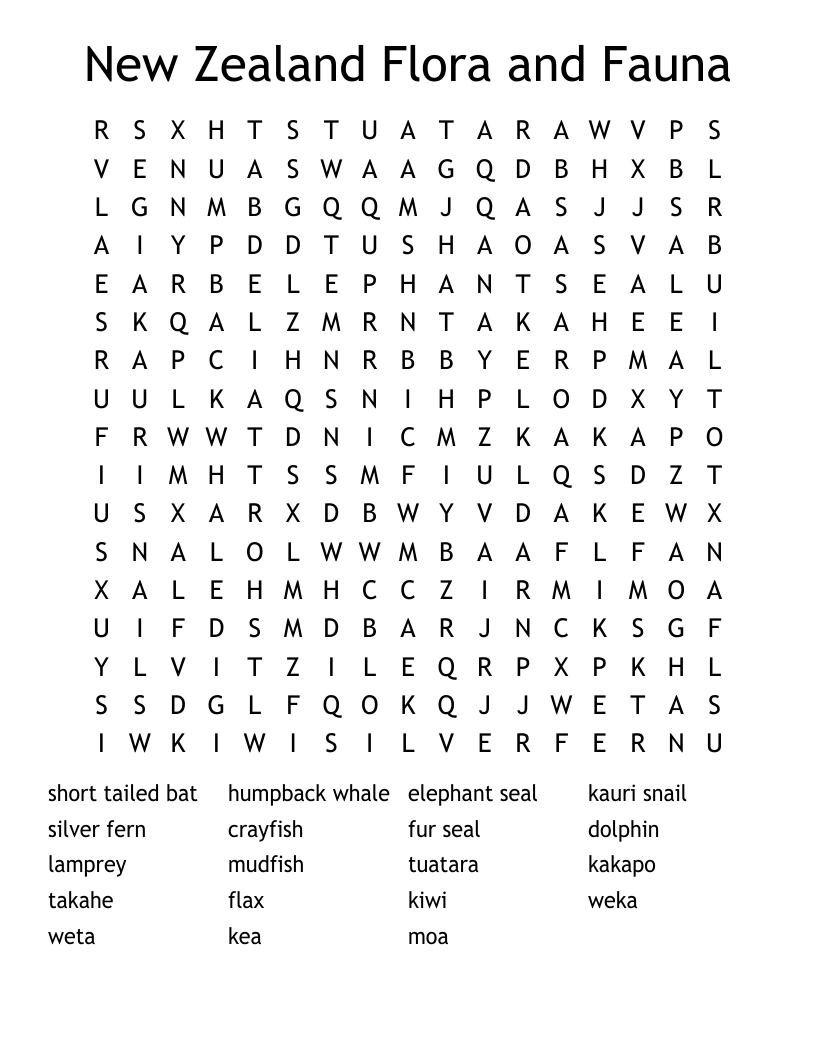 New Zealand Flora and Fauna Word Search