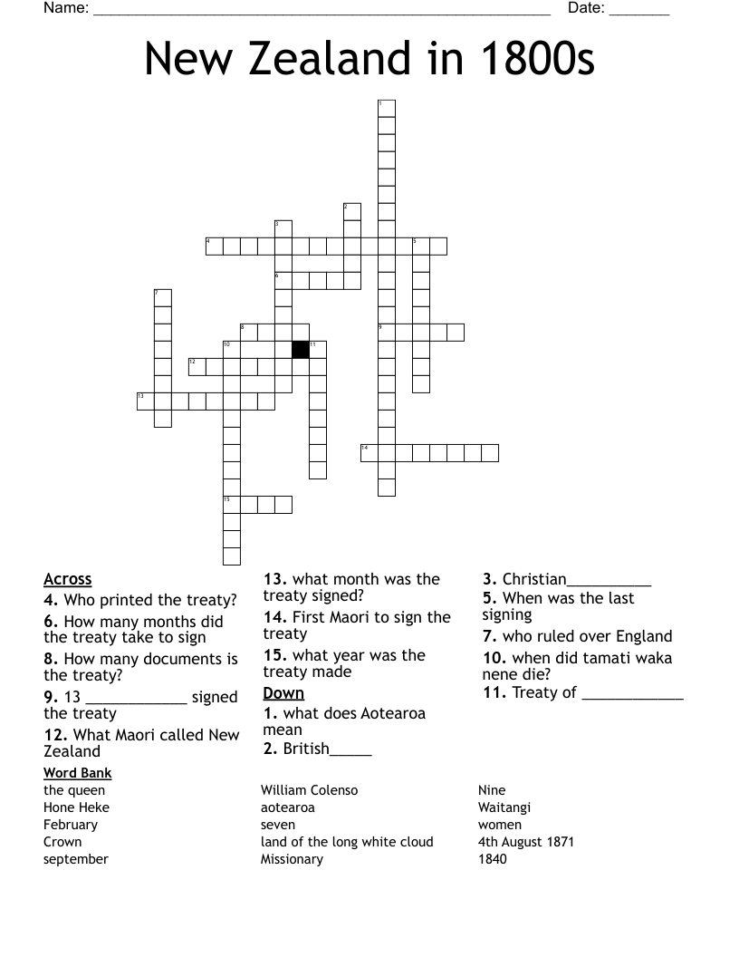 New Zealand in 1800s Crossword