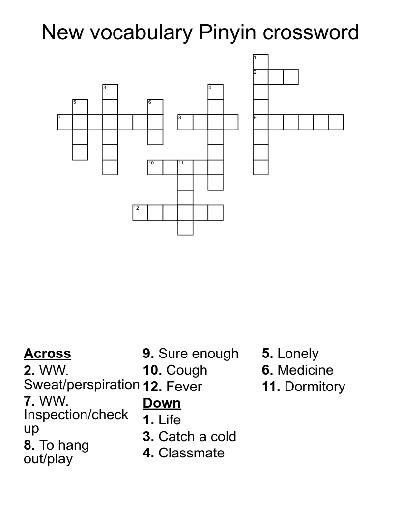 New vocabulary Pinyin crossword