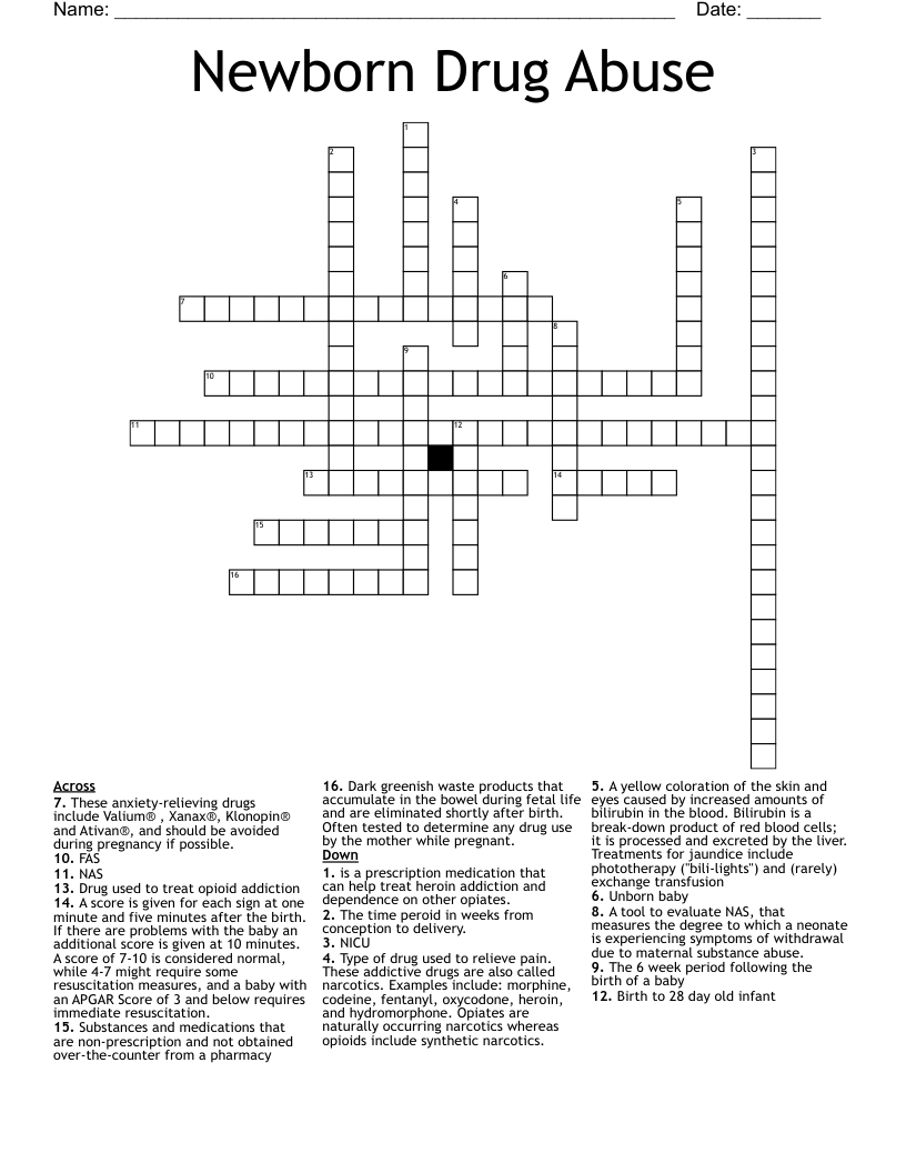 Newborn Drug Abuse Crossword