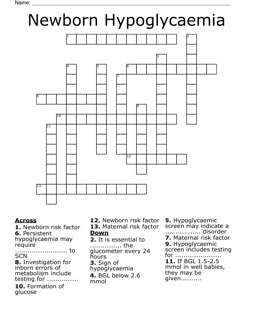 Newborn Hypoglycaemia Crossword
