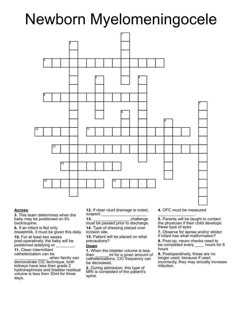 Newborn Myelomeningocele Crossword