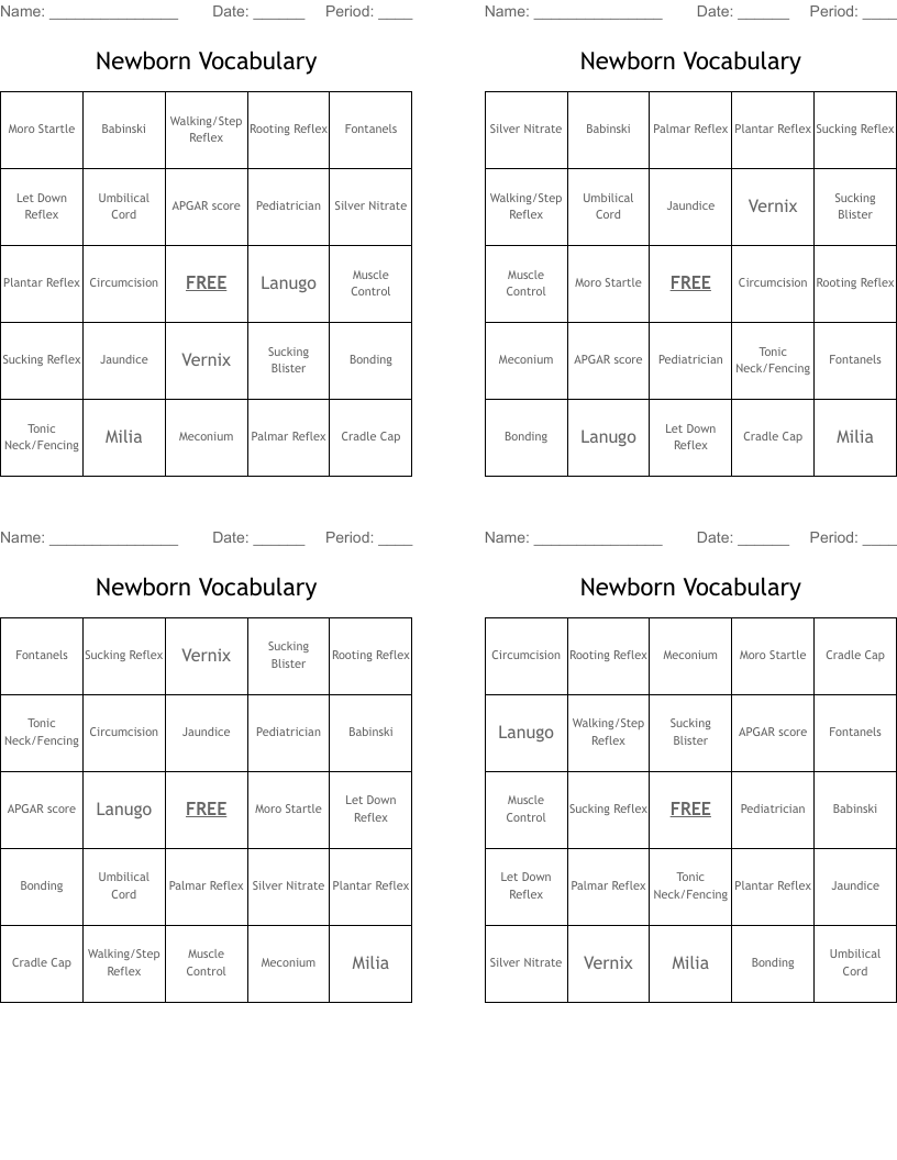 Newborn Vocabulary Bingo Cards