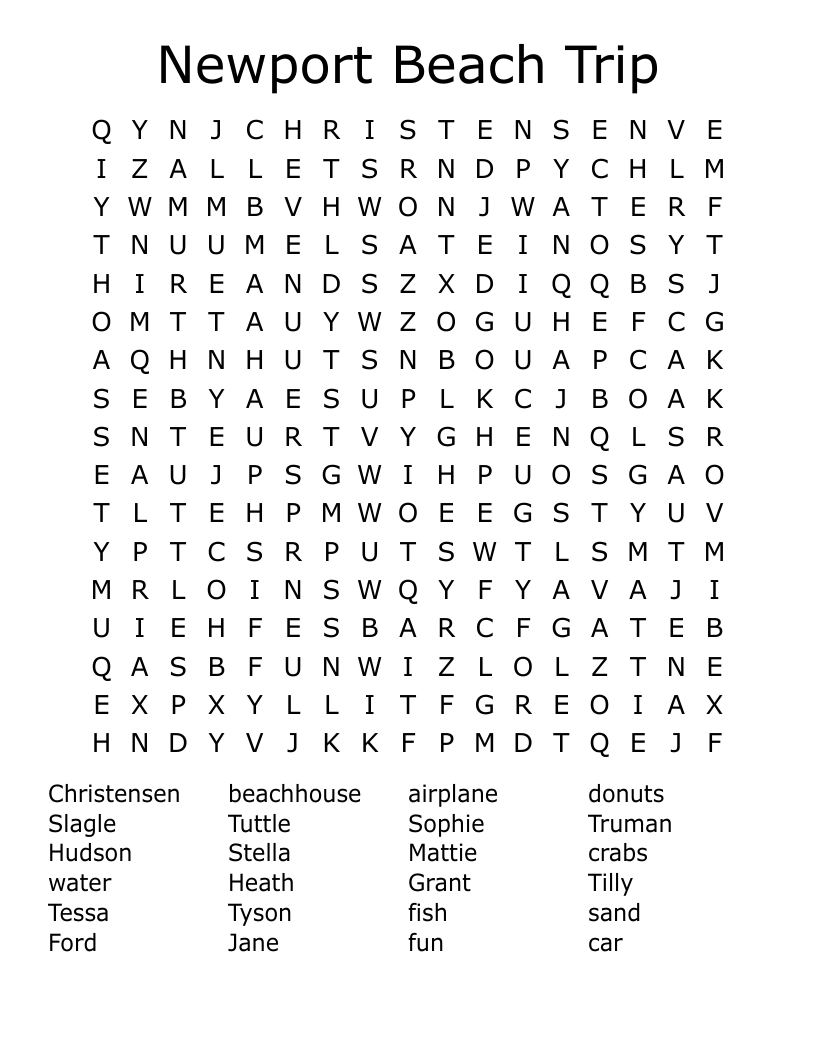 Newport Beach Trip Word Search