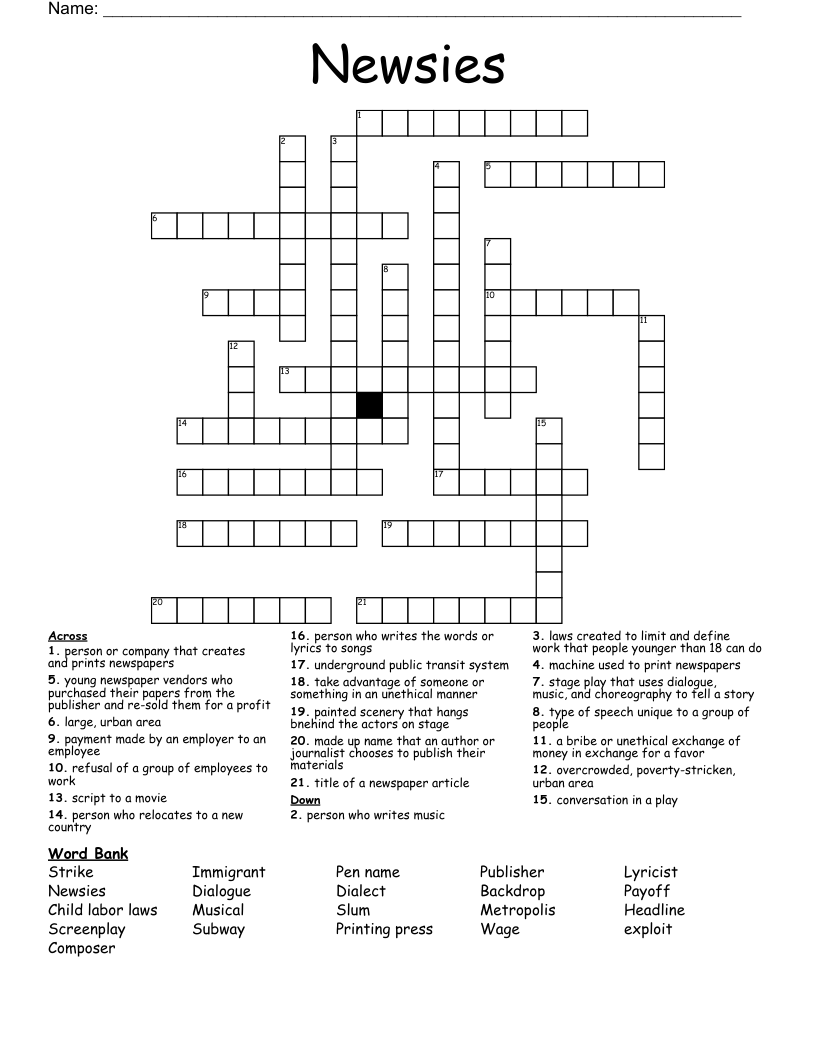 Newsies Crossword