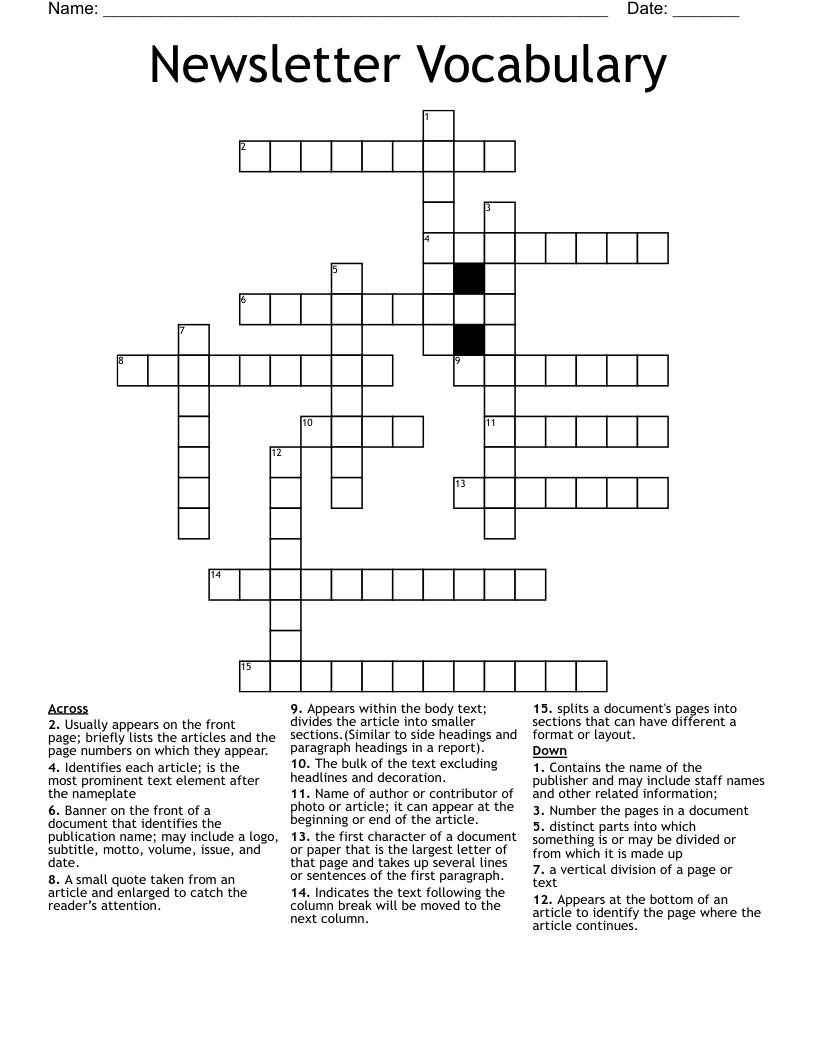 Newsletter Vocabulary Crossword